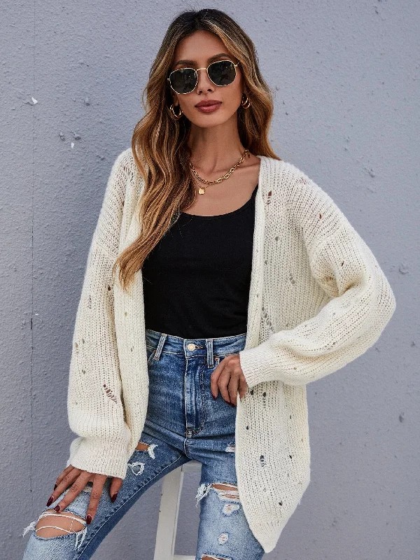 Casual Plain Ripped Long Sleeve Short Women Cardigan