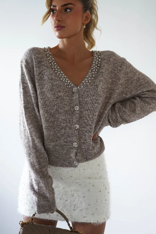 Cali Knitted Embellished Cardigan | Taupe Classic Women's Tweed