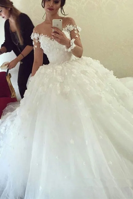 Ball Gown Sheer Neck with Flowers Long Sleeves Puffy Wedding Dress Stylish Women's Neon Ball Gown Sheer Neck with Flowers Long Sleeves Puffy Wedding Dress Stylish Women's Neon
