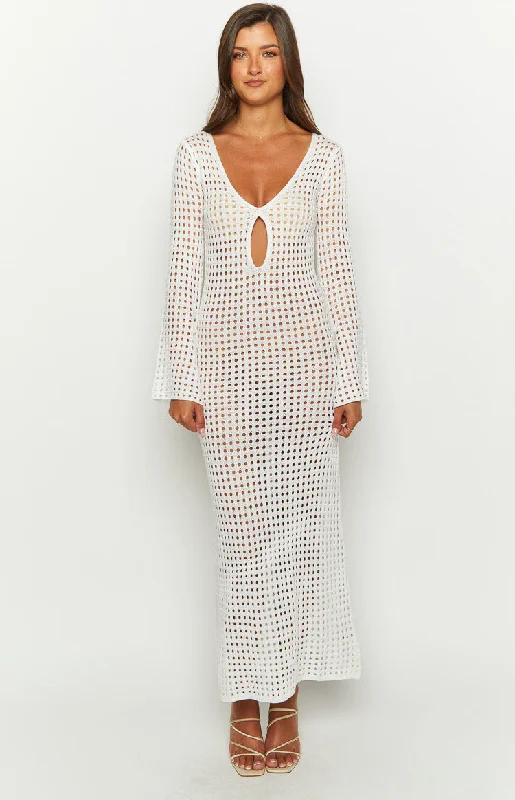 Destinations White Crochet Long Sleeve Maxi Dress Laid - back Women's Vibe