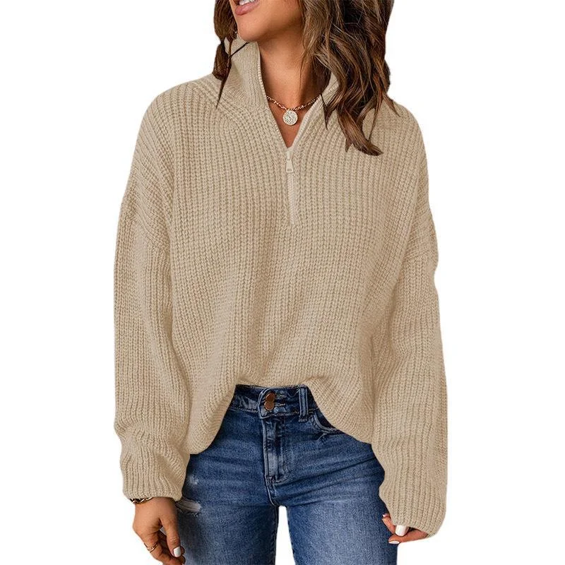 Loose Solid Colour Pullover High Neck Zip Knit Sweater Wholesale Womens Tops Geometric Loose Solid Colour Pullover High Neck Zip Knit Sweater Wholesale Womens Tops Geometric