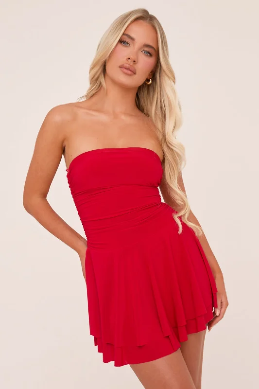 Red Bandeau Ruched Skater Mini Dress - Sifan Confident Women's High - fashion