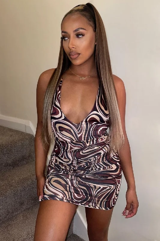 Brown Marble Print Ring Back Mini Dress - Shyla Monochromatic Office Style