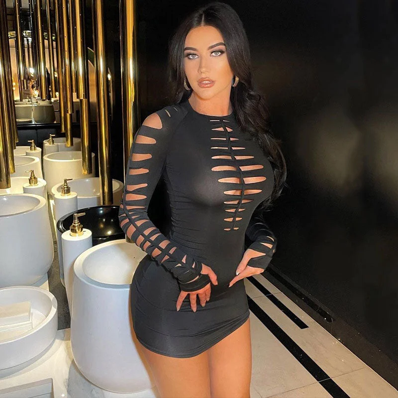 BerryBetty - Slashed Ladder Cut Out Crew Neck Long Sleeve Bodycon Mini Dress - Black Modern Women's 