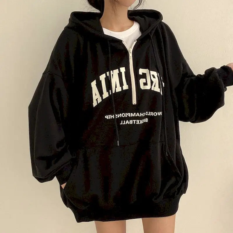 Harajuku Letter Print Korean Oversized Long Sleeve Casual Pullover Hoody Traditional Women's 