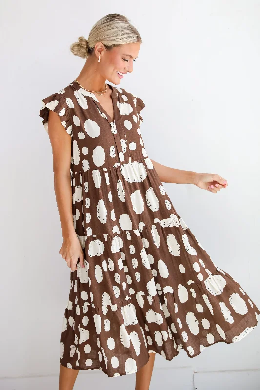 Simply Desirable Brown Dotted Tiered Midi Dress Earthy Women's Hemp - based