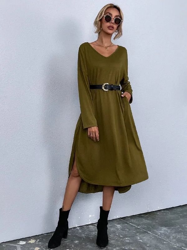 Plain Pocket Long Sleeve V Neck Straight Natural Long Dress Cool Women's Skate
