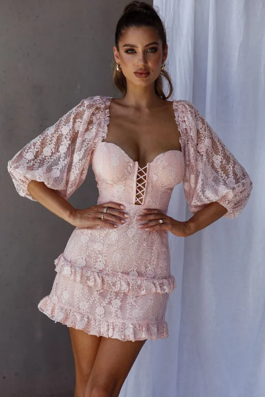 Hemingway Criss-Cross Bust Balloon Sleeve Frill Trim Lace Dress Blush Laid - back Women's Style