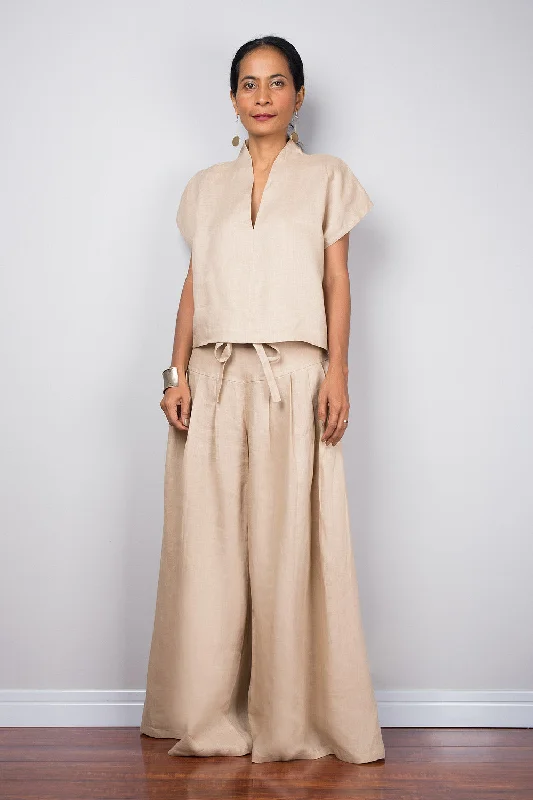 Linen wide leg palazzo pants. High waist women's summer pants Minimalist Women's Casual