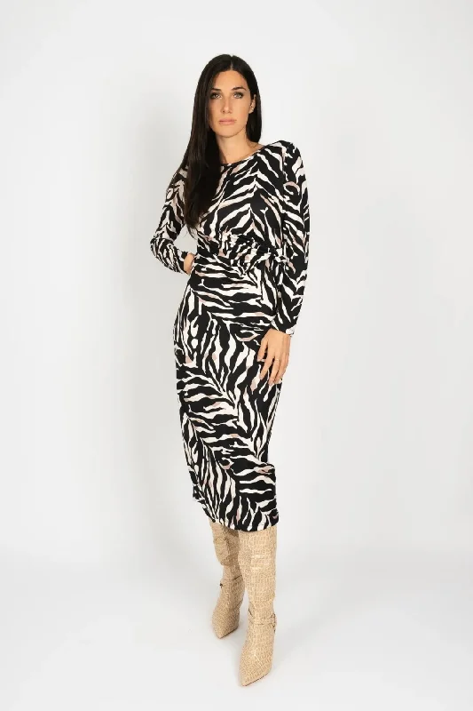 Black & White Zebra Print Kourtney Midi Dress Trendy Women's 