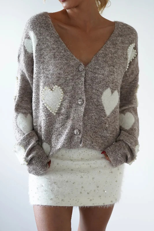Lilah Pearl Heart Oversized Cardigan | Taupe Elegant Women's 