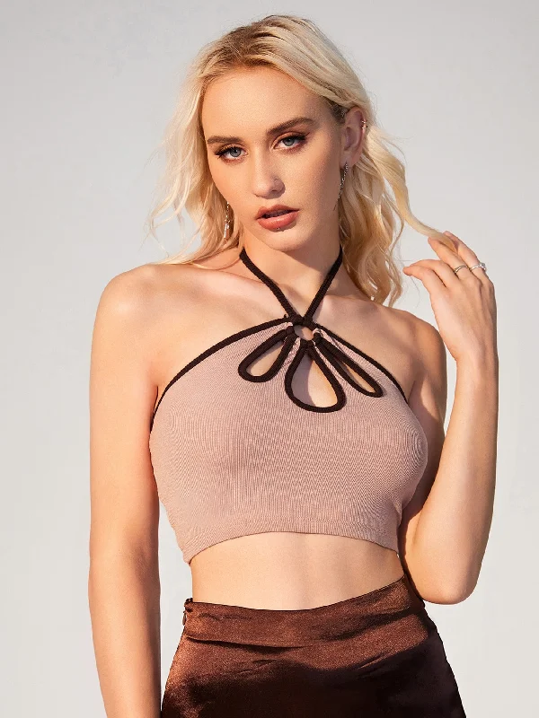 Sexy Colorblock Contrast Binding Halter Crop Women Tank Top & Cami Laid - back Women's Vibe Sexy Colorblock Contrast Binding Halter Crop Women Tank Top & Cami Laid - back Women's Vibe