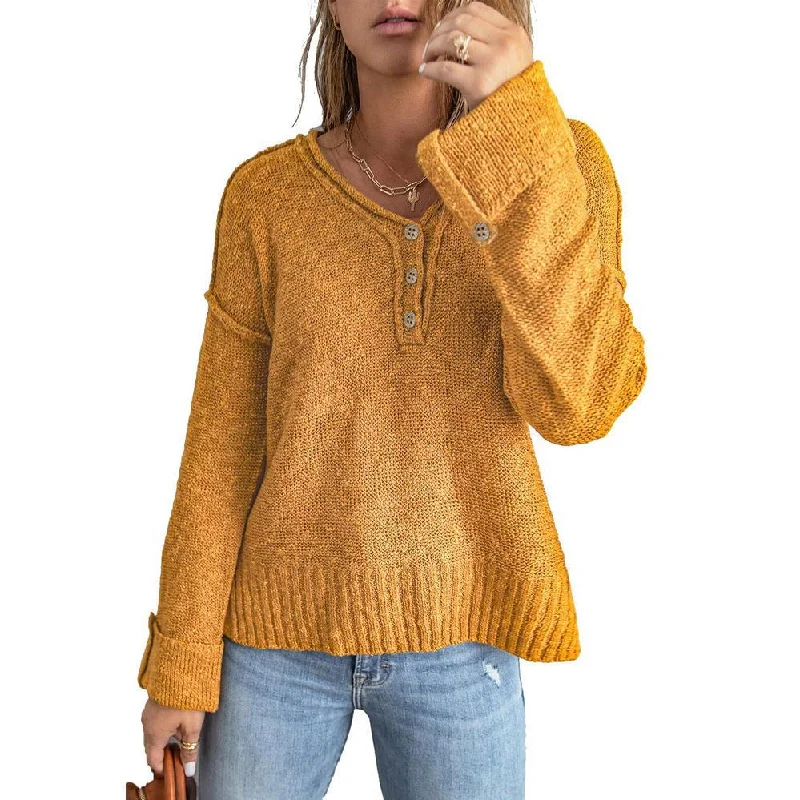 Loose Long Sleeve Buttoned Pullover Knit Sweater Wholesale Womens Tops Monochromatic All - in - one Loose Long Sleeve Buttoned Pullover Knit Sweater Wholesale Womens Tops Monochromatic All - in - one