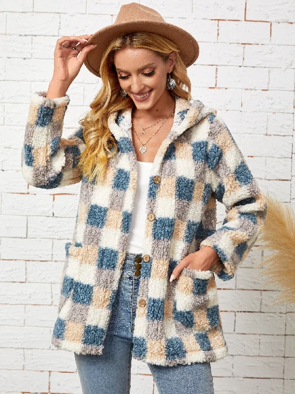 Casual Plaid Button Front Long Sleeve Hooded Short Women Coat Dynamic Women's High - energy Casual Plaid Button Front Long Sleeve Hooded Short Women Coat Dynamic Women's High - energy