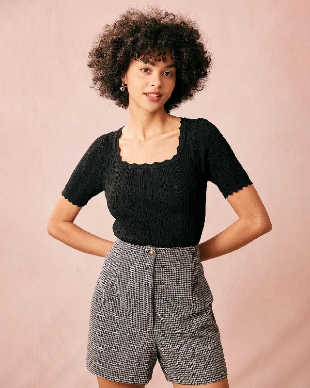The Black Square Neck Scalloped Knit Top Sharp Women's Italian