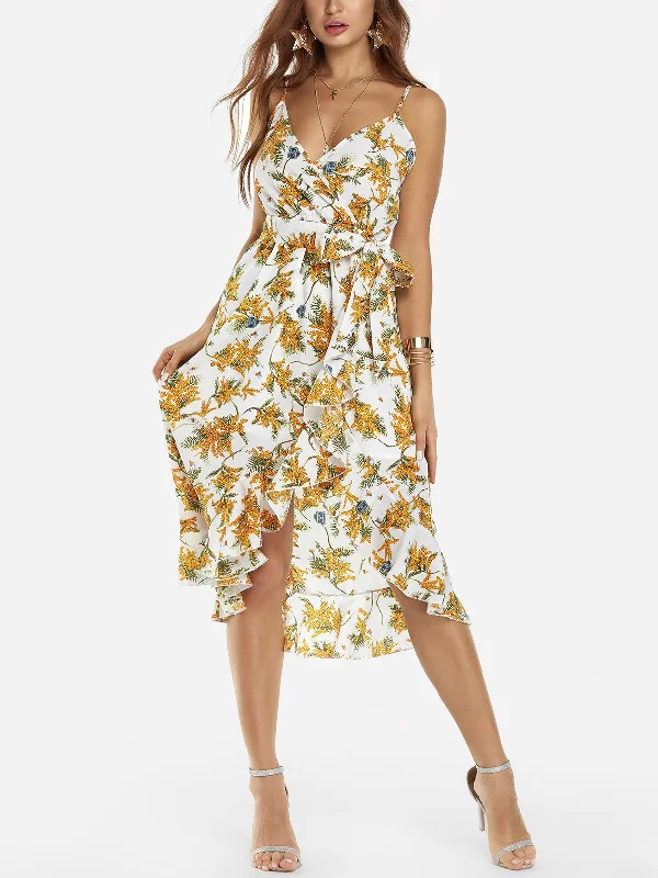 Wholesale White V-Neck Sleeveless Floral Print Backless Lace-Up Spaghetti Strap Irregular Hem High-Waisted Mini Dress Casual Women's Japanese 