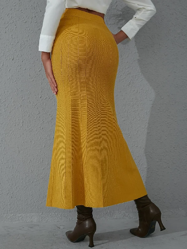 Plain High Waist Long Women Sweater Skirt Dapper Women's Bow - adorned