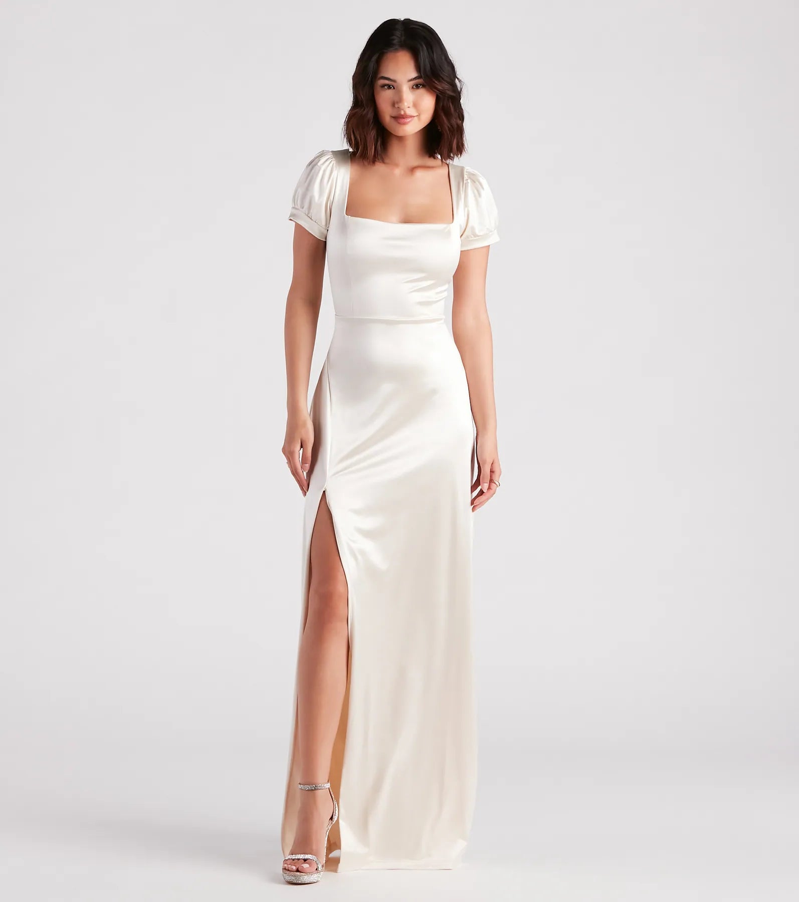 Emelia Satin Puff Sleeve High Slit Formal Dress Classic Women's Pin - striped