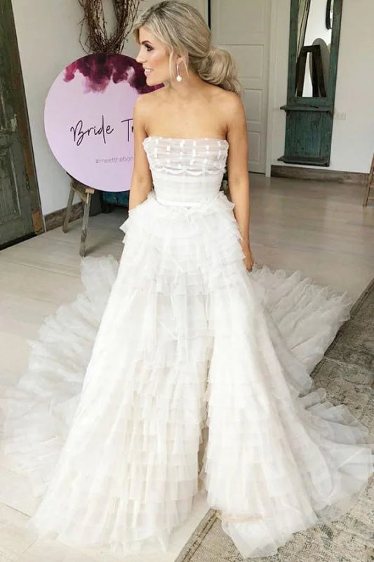 A-Line Strapless Tiered Court Train Ivory Tulle Beach Wedding Dress Sporty Women's Tennis