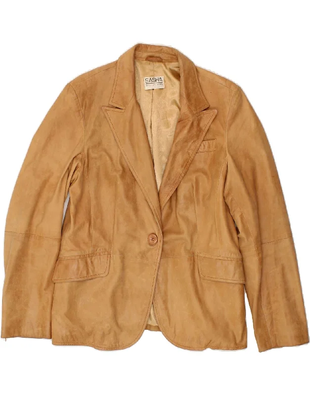 SASHA Womens Leather 1 Button Blazer Jacket UK 16 Large Brown Leather Modern Women's SASHA Womens Leather 1 Button Blazer Jacket UK 16 Large Brown Leather Modern Women's