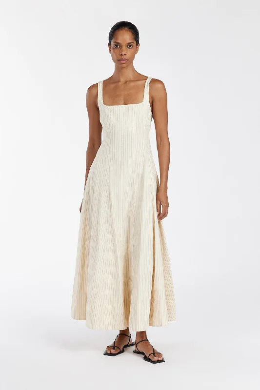 RILEY CREAM STRIPE MIDI DRESS Casual Women's Loose - fitting