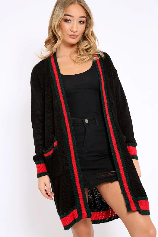 Black knitted Cardigan with Striped Trim - Ivy Cashmere