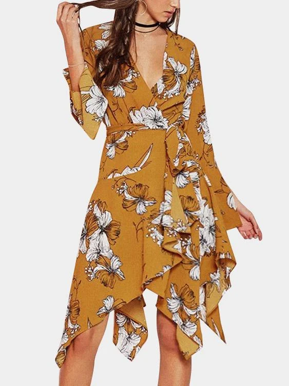 Wholesale Yellow Deep V Neck Long Sleeve Floral Print Crossed Front Slit Irregular Hem Mini Dress Vacation