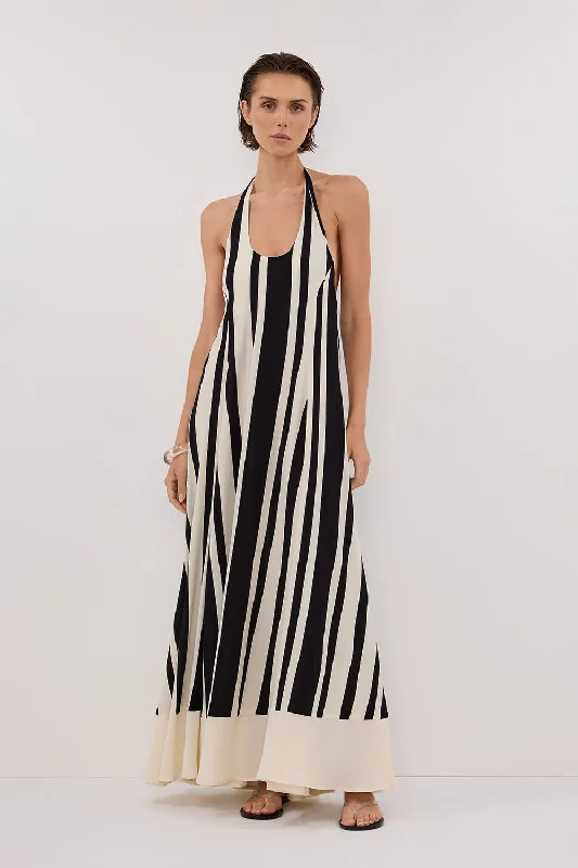 BEAU BLACK STRIPE HALTER MIDI DRESS Geometric