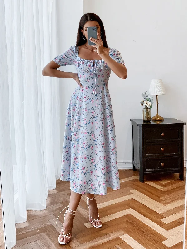 Ditsy Floral Zipper Short Sleeve Square Neck Flared High Waist Long Dress Traditional Women's Wool