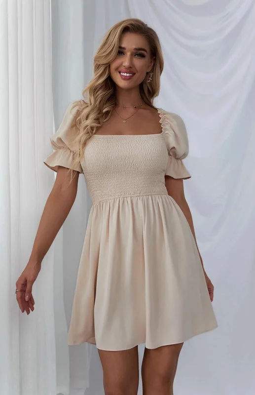 BerryBetty - Women's Puff Sleeve Short Sleeve Solid Color Dress European