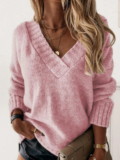 V-Neck Long Sleeve Knit Top Classic Women's Tweed