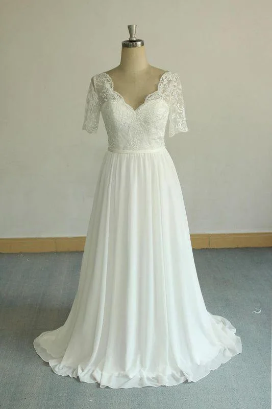 Bridelily Short Sleeve V-neck Lace Chiffon Wedding Dress Tough Women's Military - inspired Bridelily Short Sleeve V-neck Lace Chiffon Wedding Dress Tough Women's Military - inspired