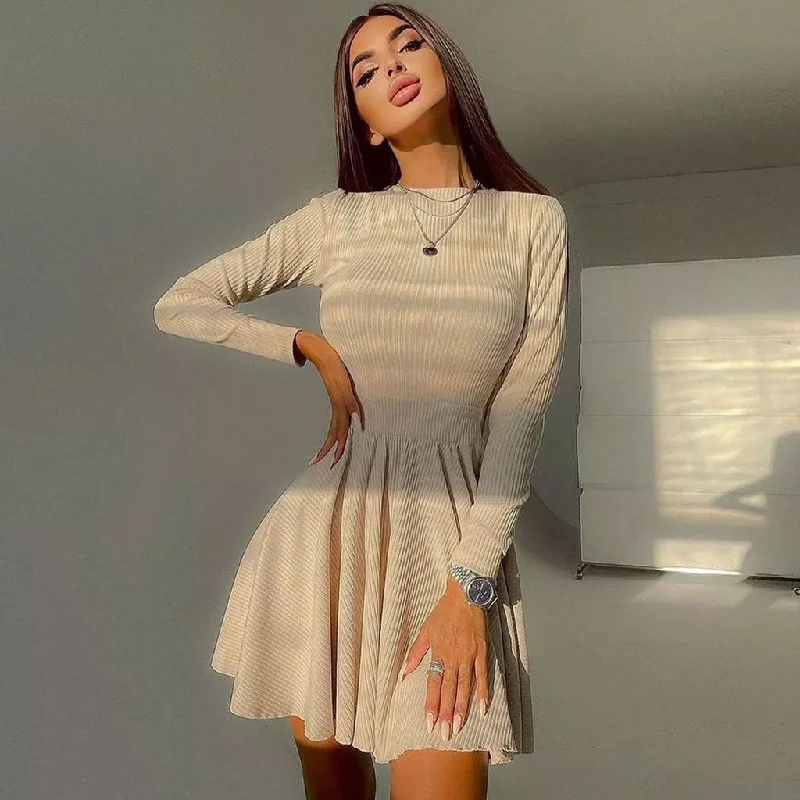 BerryBetty - Sweet Rib Knit Cut Out Back Long Sleeve Skater Mini Dress - Apricot Bold Women's Statement BerryBetty - Sweet Rib Knit Cut Out Back Long Sleeve Skater Mini Dress - Apricot Bold Women's Statement