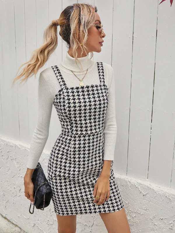 Houndstooth Zipper Sleeveless Straps Straight High Waist Short Dress