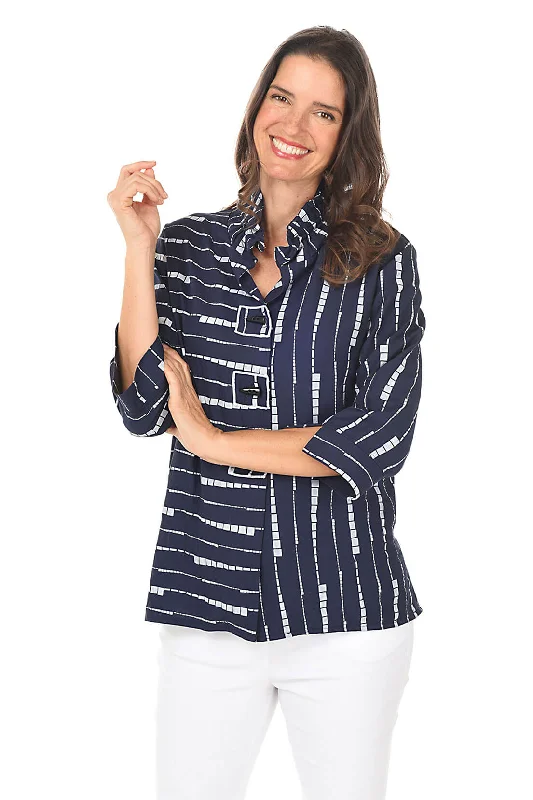 Navy Keyboard Wire Collar Button-Front Shirt Monochromatic Office Style