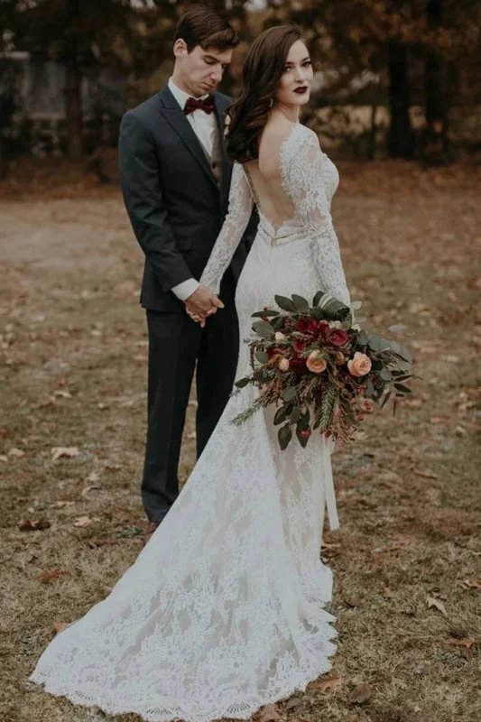 Vintage Long Sleeves Backless Rustic Lace Wedding Dress Elegant Women's Formal 