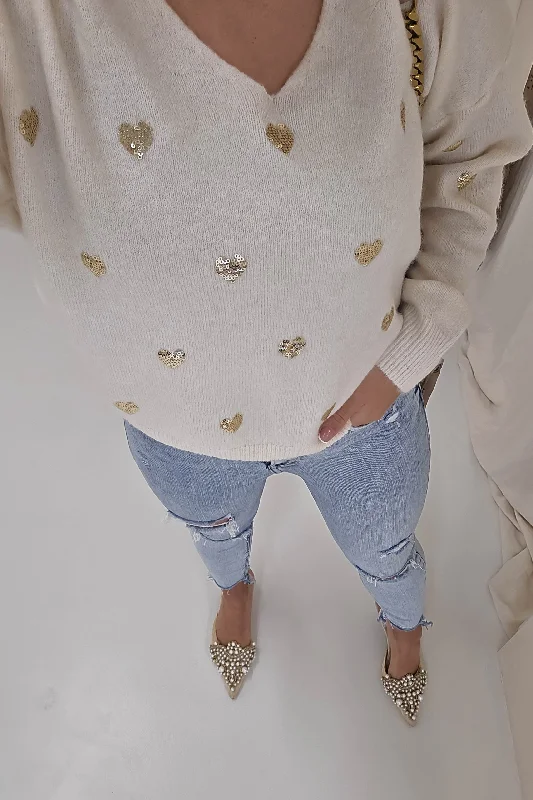 Pia Sequin Heart Detail Jumper | Beige Earthy Women's 