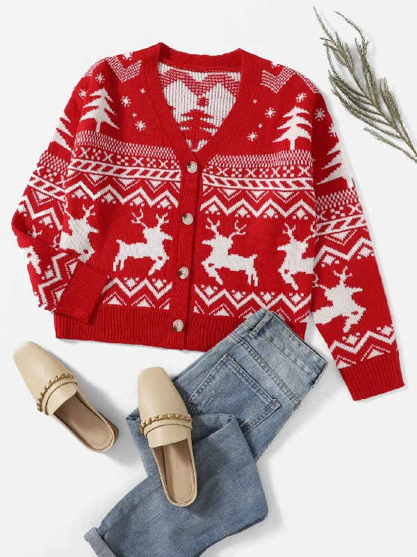 Casual Christmas Button Front Long Sleeve Round Neck Regular Women Cardigan Modern Women's Tech Casual Christmas Button Front Long Sleeve Round Neck Regular Women Cardigan Modern Women's Tech