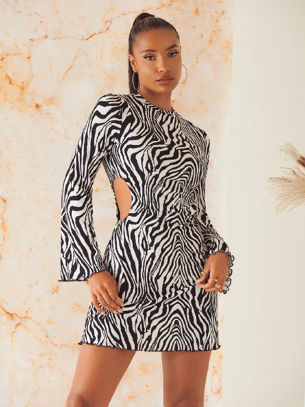 Zebra Stripe Lettuce Trim Long Sleeve Stand Collar Straight Natural Mini Dress Elegant Women's Zebra Stripe Lettuce Trim Long Sleeve Stand Collar Straight Natural Mini Dress Elegant Women's