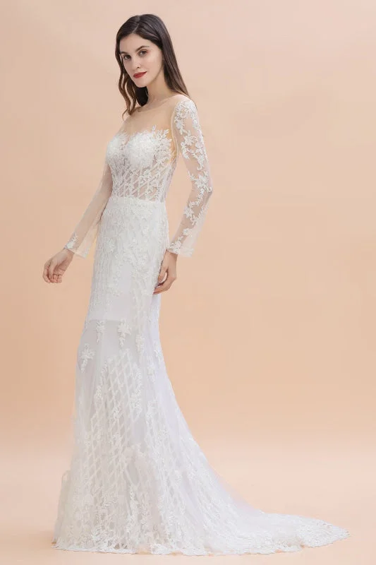 Mermaid Lace Long Sleeve Sheer Tulle Wedding Dresses With Detachable Train Women