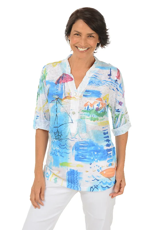 Beach Vacation Roll Sleeve Top Monochromatic Office Style