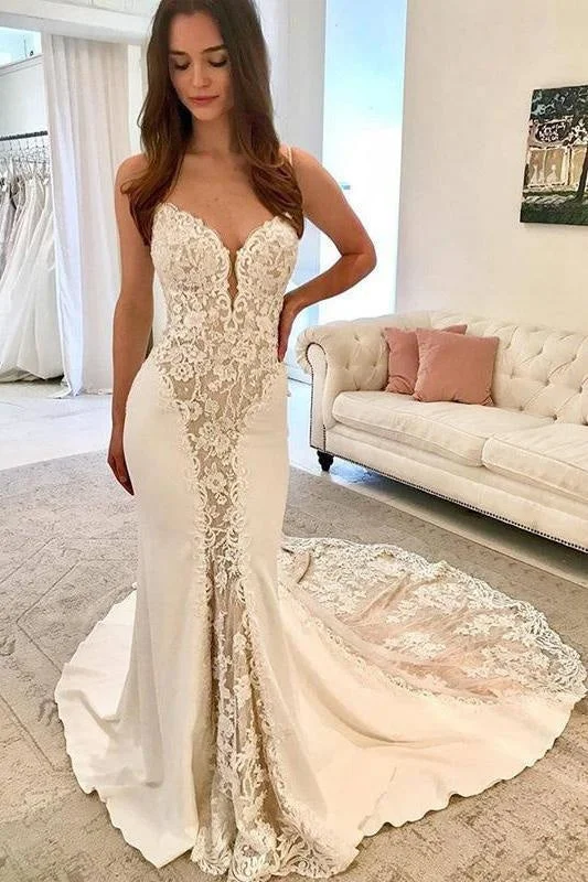 Ivory Satin Gorgeous Lace Spaghetti Strap Vintage Mermaid Wedding Dress Adventure