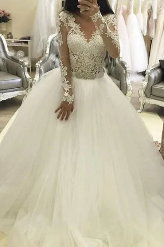 Ball Gown Sleeves V Neck Tulle Princess Long Wedding Dress Refined Women's Hand - crafted Ball Gown Sleeves V Neck Tulle Princess Long Wedding Dress Refined Women's Hand - crafted