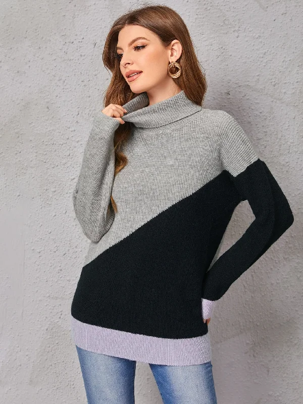 Casual Colorblock Long Sleeve High Neck Long Women Sweater