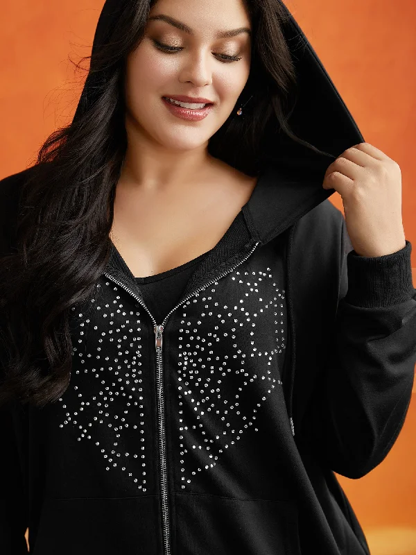 Diamond Embellished Spiderweb Zipper Sweatshirt European