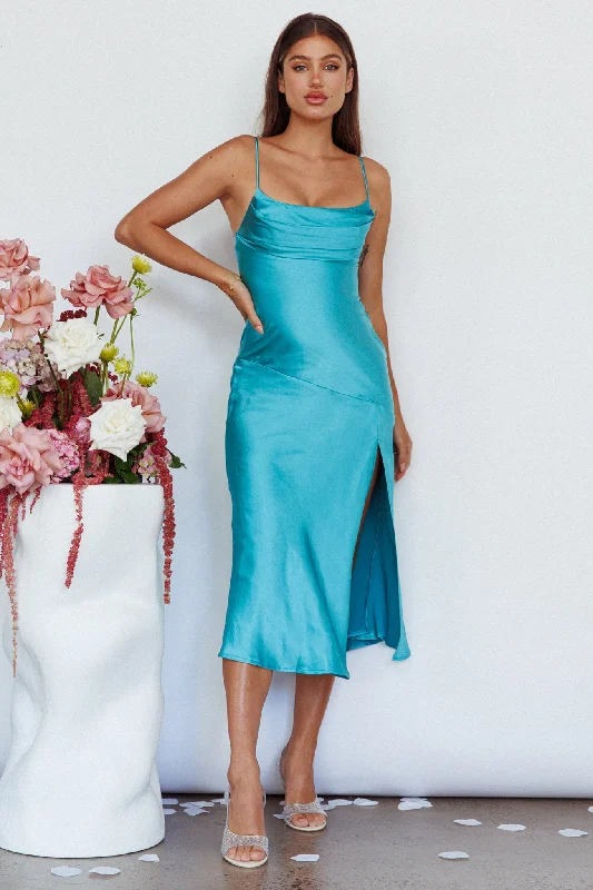Well Versed Pleated Bust Front Split Dress Aqua Sleek Women's 