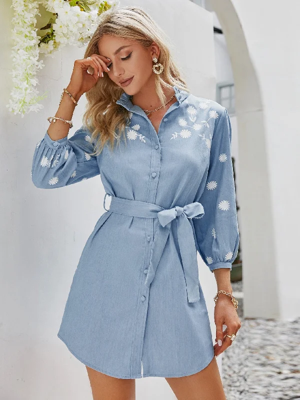 Floral Button Front Three Quarter Length Sleeve Stand Collar Straight Natural Short Dress