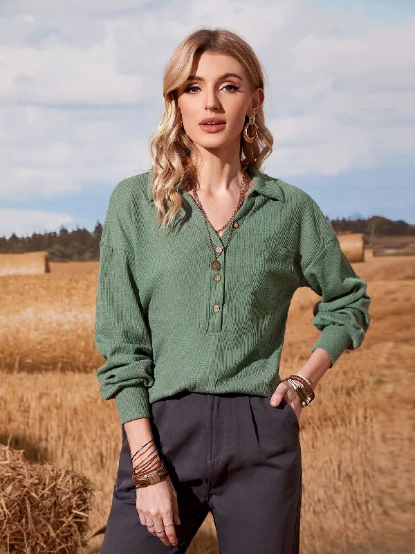 Casual Plain Pocket Long Sleeve Polo Regular Women T-Shirt Elegant Women's 