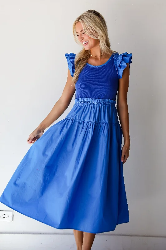 FINAL SALE - Exceedingly Dreamy Blue Contrast Ruffle Midi Dress Modern Women's 