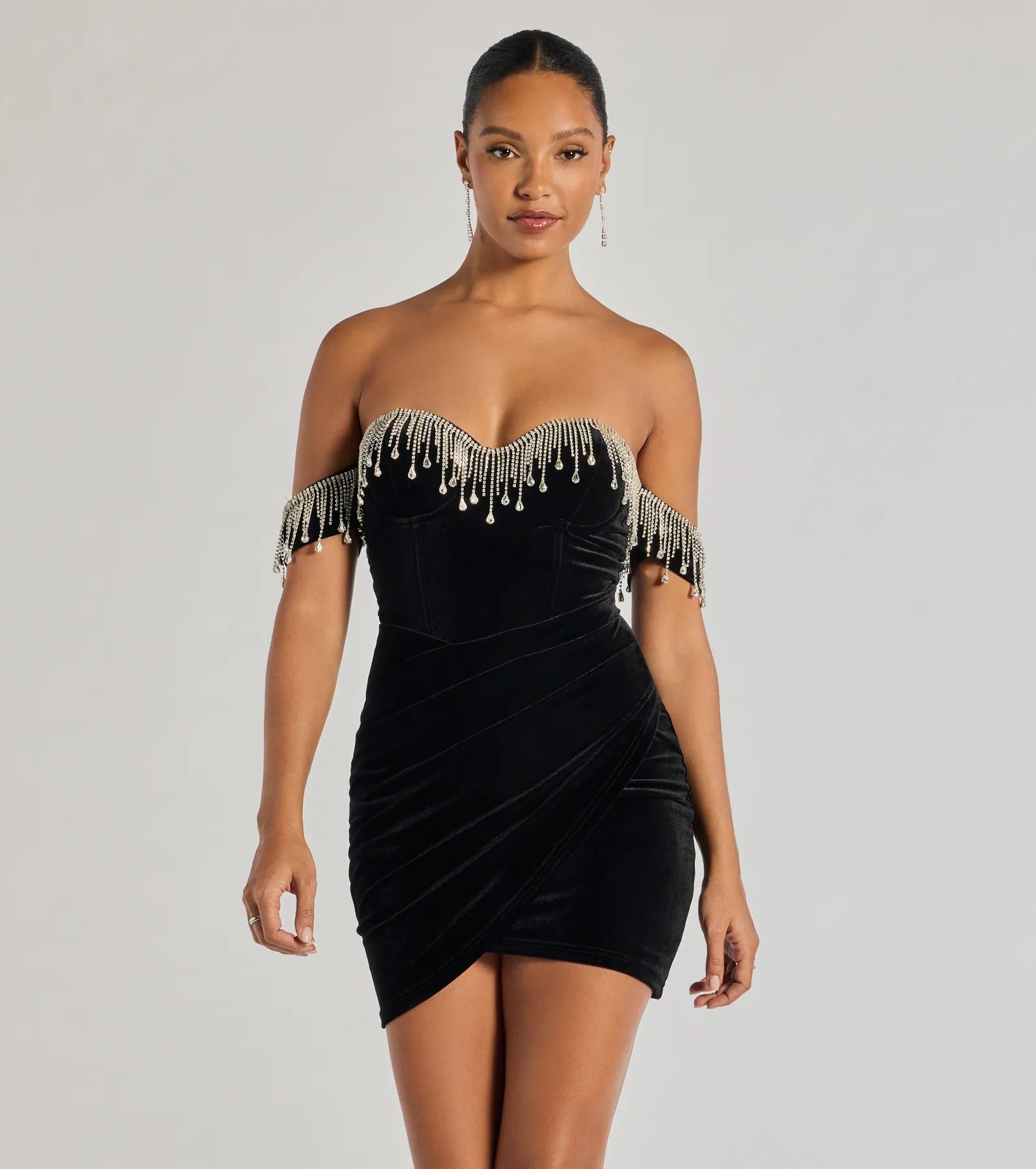Janie Strapless Rhinestone Fringe Velvet Mini Dress Trendy Women's 